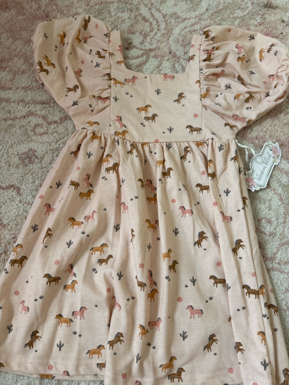 Girls Soft Pink Horse-Print Puff Sleeve Dress